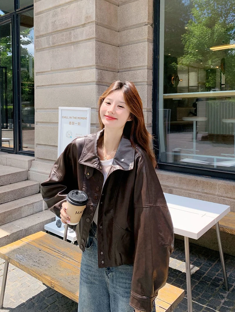 Women Faux Leather Jacket Stand Collar Snap Button Coat Oversized Drop Shoulder Bomber Y2K Retro Streetwear Autumn Outerwear Top