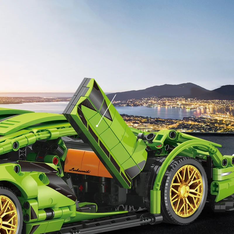 1200PCS 1:14 녹색 스포츠카 빌딩 블록 모델 장난감 작은 입자 벽돌 슈퍼 자동차 컬렉션 장식품 소년 어린이 선물