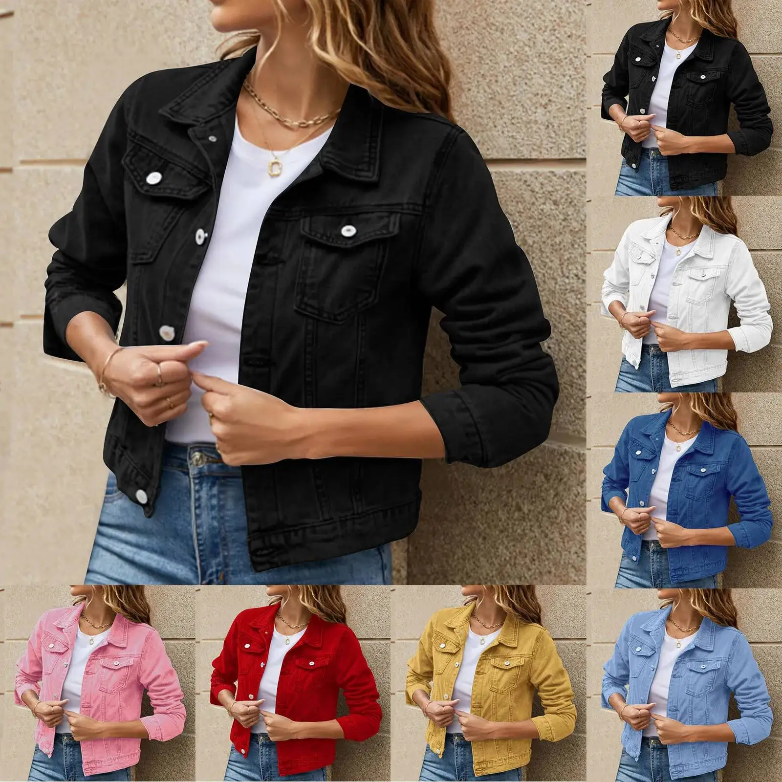 

Denim Jacket For Women 2025 Solid Color Black Blue Yellow Pink Red Casual Long Sleeve Button Down Chest Pocket Jean Jacket Lady