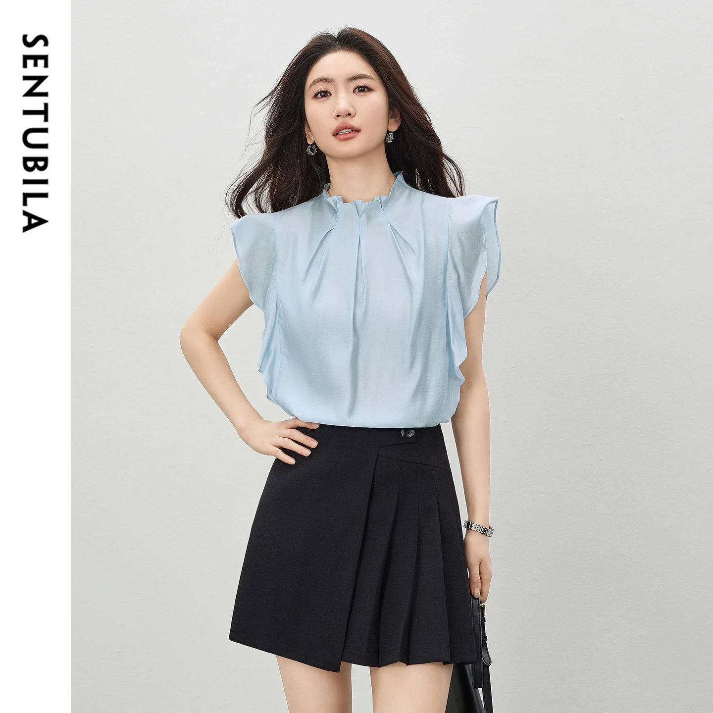 

SENTUBILA Women's Blouse Pleated Stand Collar Fashion Elegant Ruffled Short Sleeve Pearled Button Loose Chiffon Shirt W62VA6862