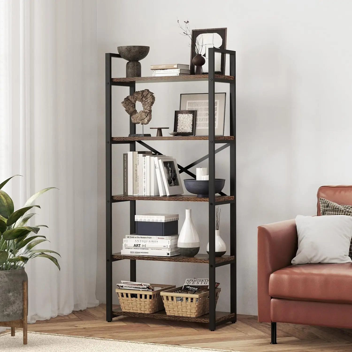 

5 Tier Bookshelf Rustic Industrial Style, Storage Shelves, Metal Book Shelves Bookcase Book Shelf Display Shelf for Home O