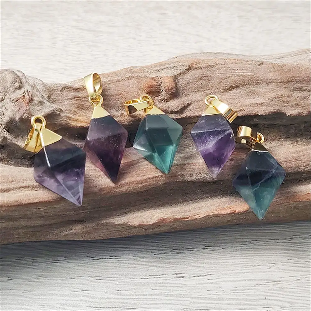 FUWO Wholesale Natural Fluorite Pendant,Elegant Slender Shape Rhombus Crystal Accessories For Women Jewelry Making 5Pcs PD106F