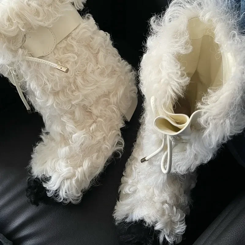 

Black and White Lamb Wool Snow Boots Woman Winter 2025 Lace-Up Plus Velvet Thick Short Boots Super Warm Shoes for Women