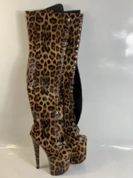 20cm heels, 8in over the knee boots, leopard print upper, PU material, zipper open fashion sexy runway boots