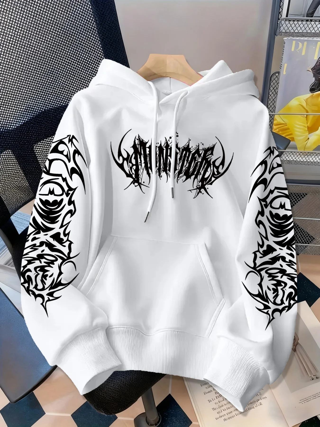 Men Gothic Tribal Arm Tattoo Print Hoodie Dark Punk Abstract Letter Graphic Pullover Hooded Sweatshirt Hip Hop Streetwear Loose