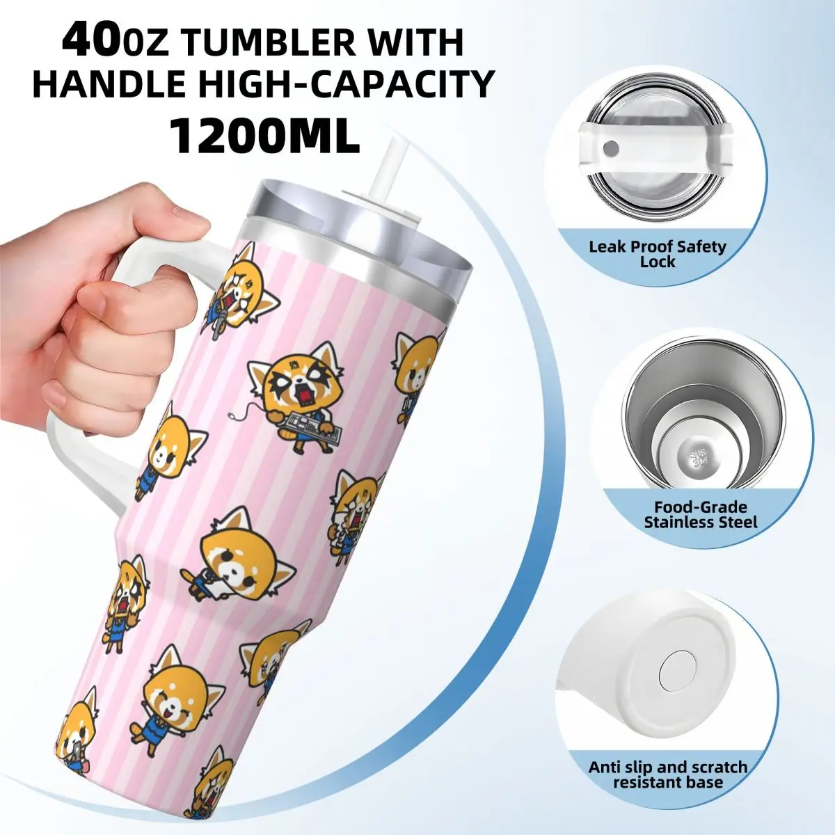 Stainless Steel Tumbler Aggretsuko Collages Mugs Cup With Straws Driving Cold and Hot Water Bottle Leakproof Large Thermal Mug