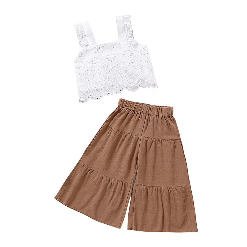 2024 New Girls Summer Sets Casual Ruffled Solid Color Shorts European American Stylim Sleeveless Top Children Two Piece Clothing