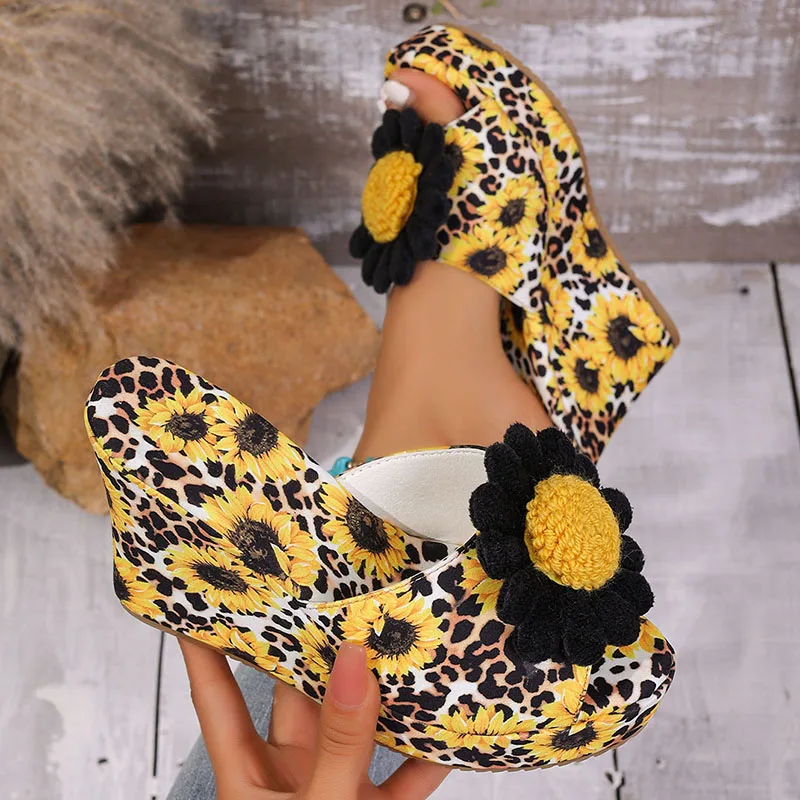 Sunflower Print Thick Sole Wedge Sandals Women 2026 Summer High Heeled Platform Slippers Woman Plus Size 43 Beach Shoes Footwear
