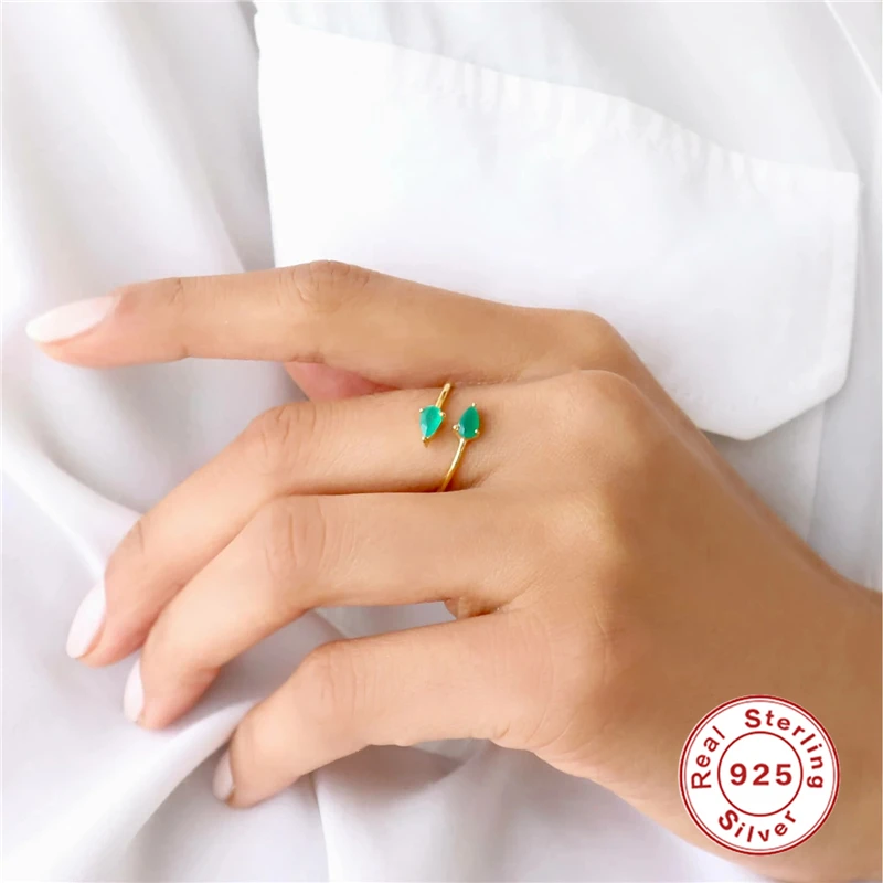 925 Sterling Silver Opening Ring Emerald Waterdrop Zircon Luxury Anillo Plata 925 Adjustable Rings For Women Jewelry