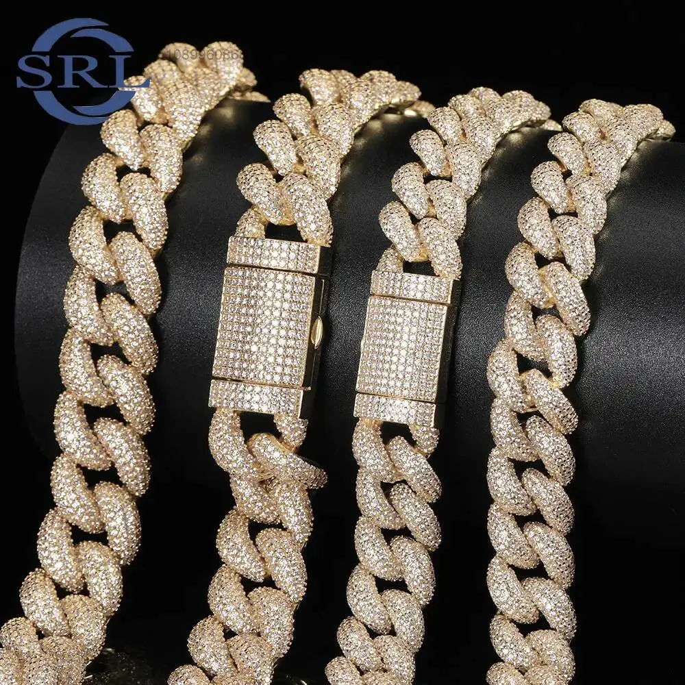 Fashion CHA019 18mm VVS Moissanite Tennis Cuban Chain Iced Out Hip Hop Jewelry Necklace for Men Gold Plated Brass Link Design..