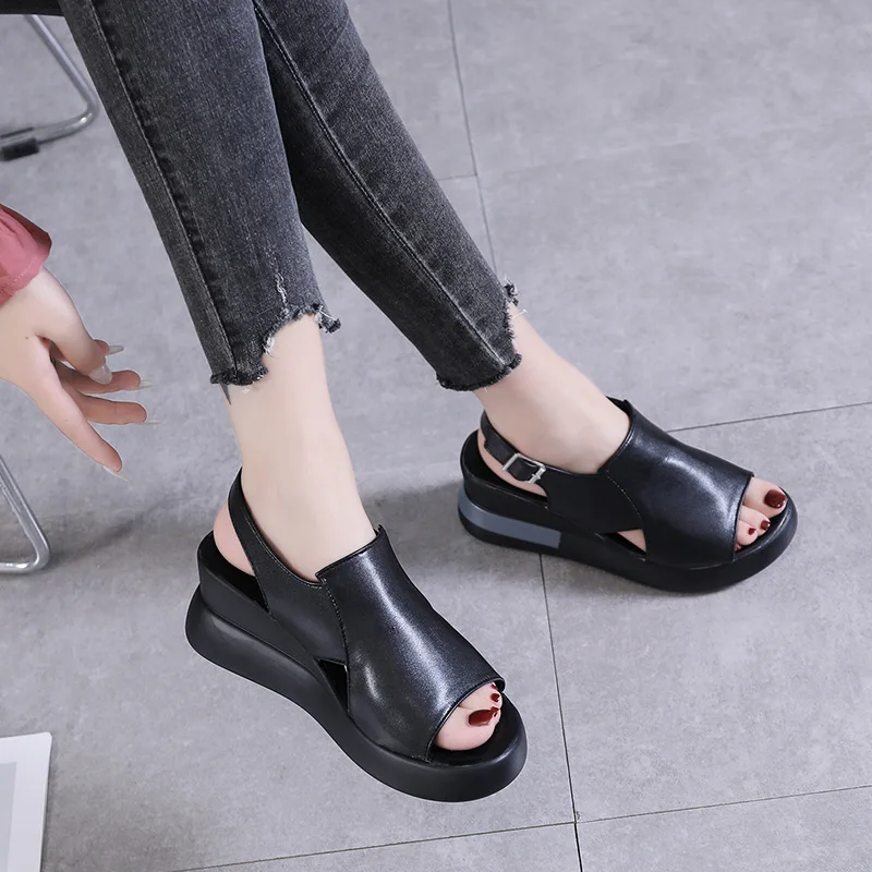 2023 Women\'s Platform Wedge Sandals New Summer High-heeled Fish Mouth Women\'s Shoes Soft Leather Heightened Platform Shoes