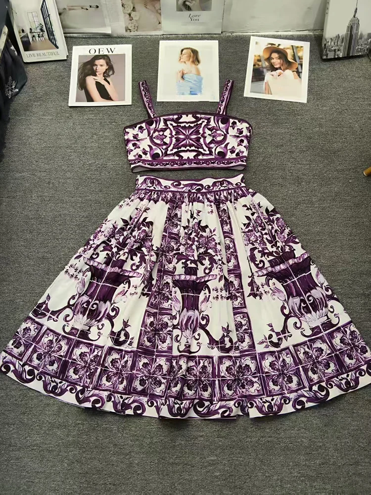 

Summer 2025 women's retro geometric print halter top off-the-shoulder two-piece set + high-waisted loose skirt fashion set