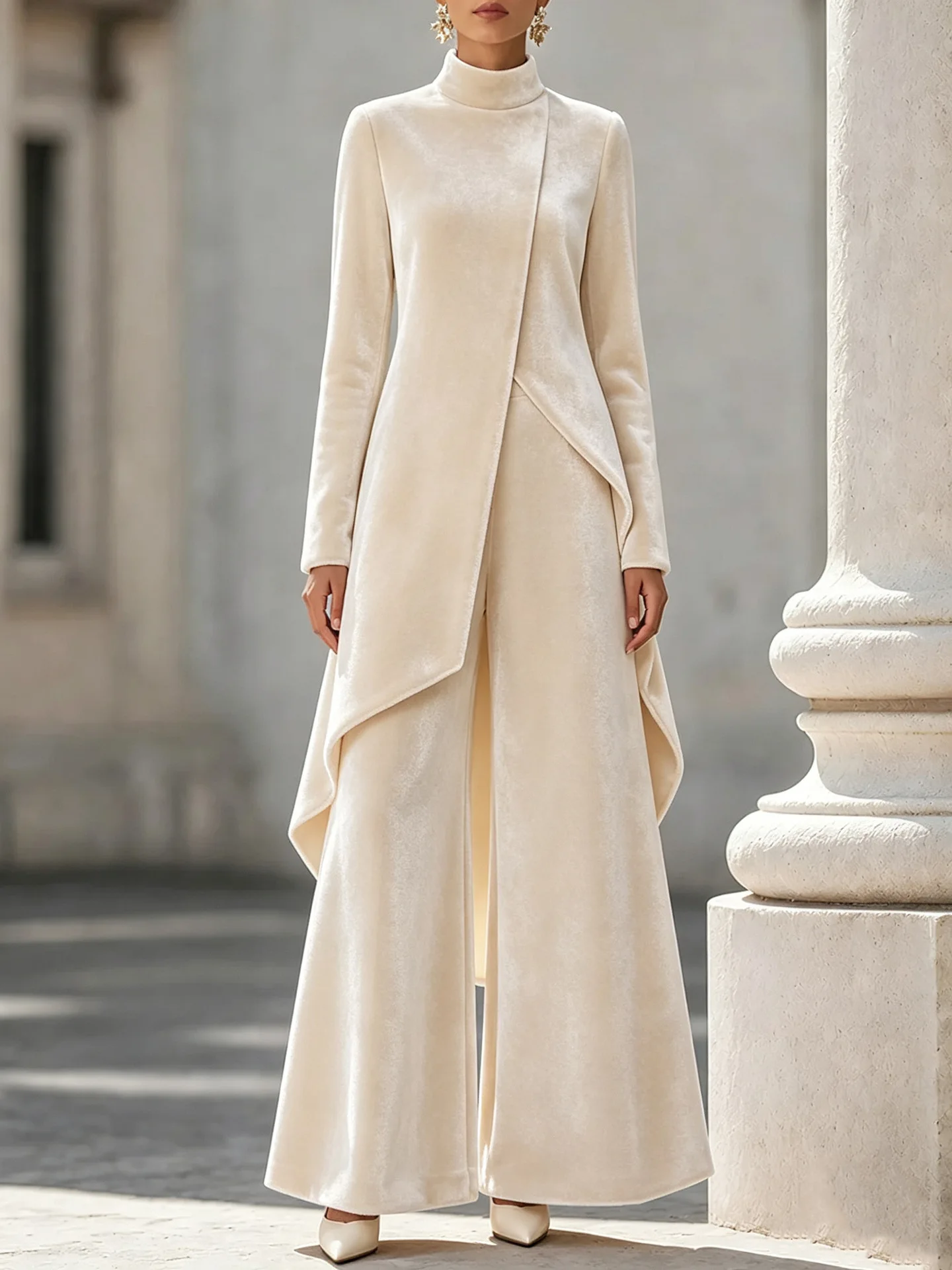 Luxury Velvet Two Piece Pants Set Women Mock Neck Long Sleeve Asymmetric Tunic Top Wide Leg Pants Formal Evening Party Outfit