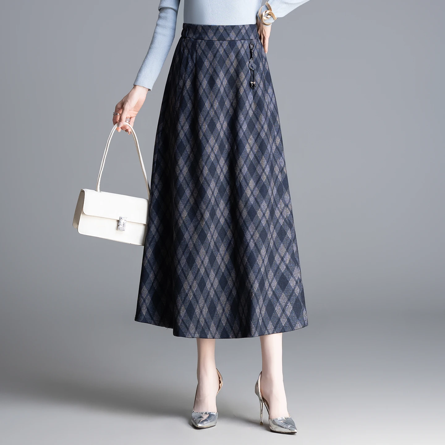 ZUZK Women Warm Plaid Woollen Long Skirt New Fall Winter Elastic Waist Loose Work Wear Skirts Mid-Long A-Line Skirts