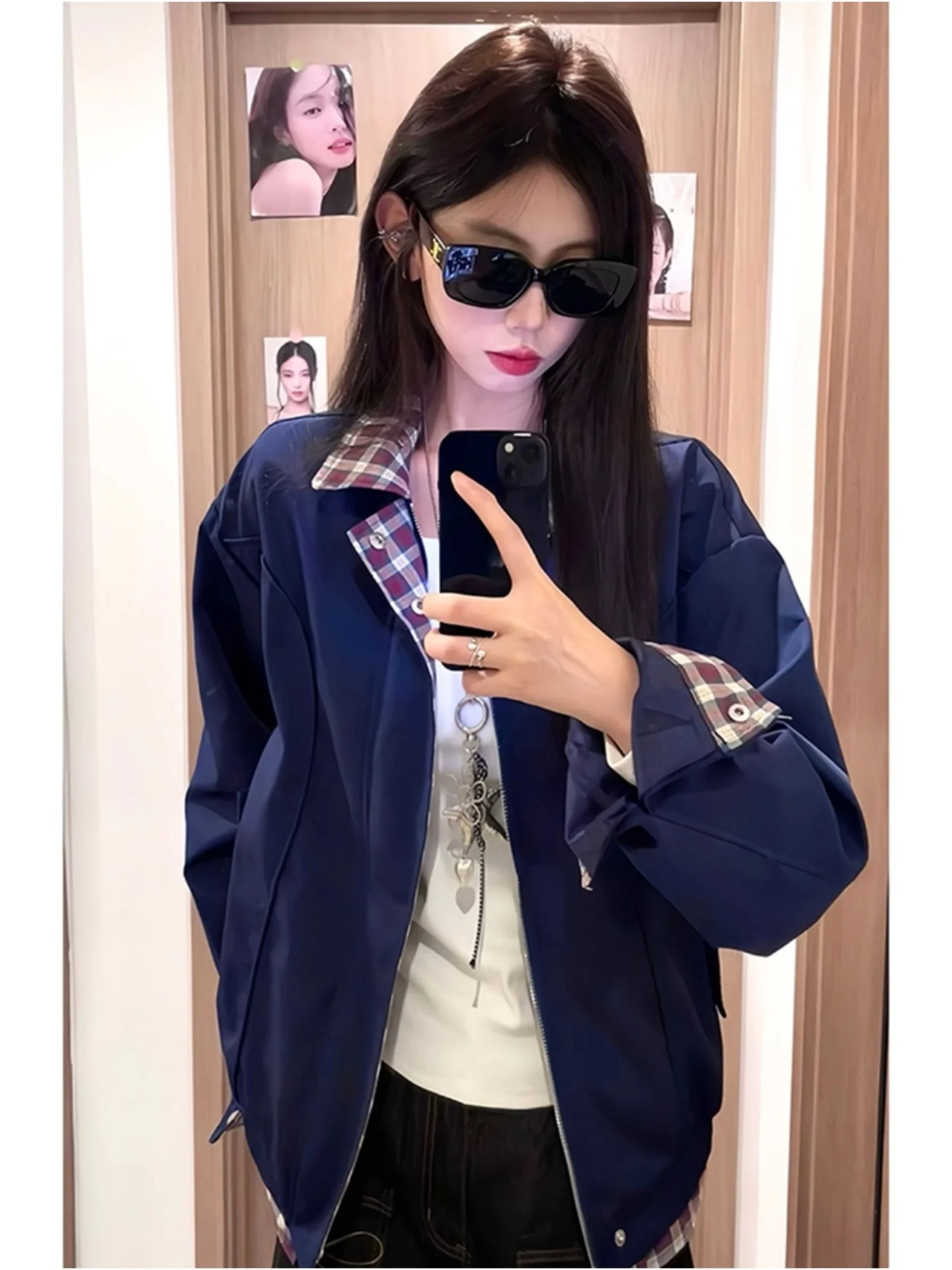 

Cobalt Blue Harington Jaet Men's Autumn Winter American Plaid Splicing Fake Two-Piece Turn-down Collar Couple's Baseball Ou...