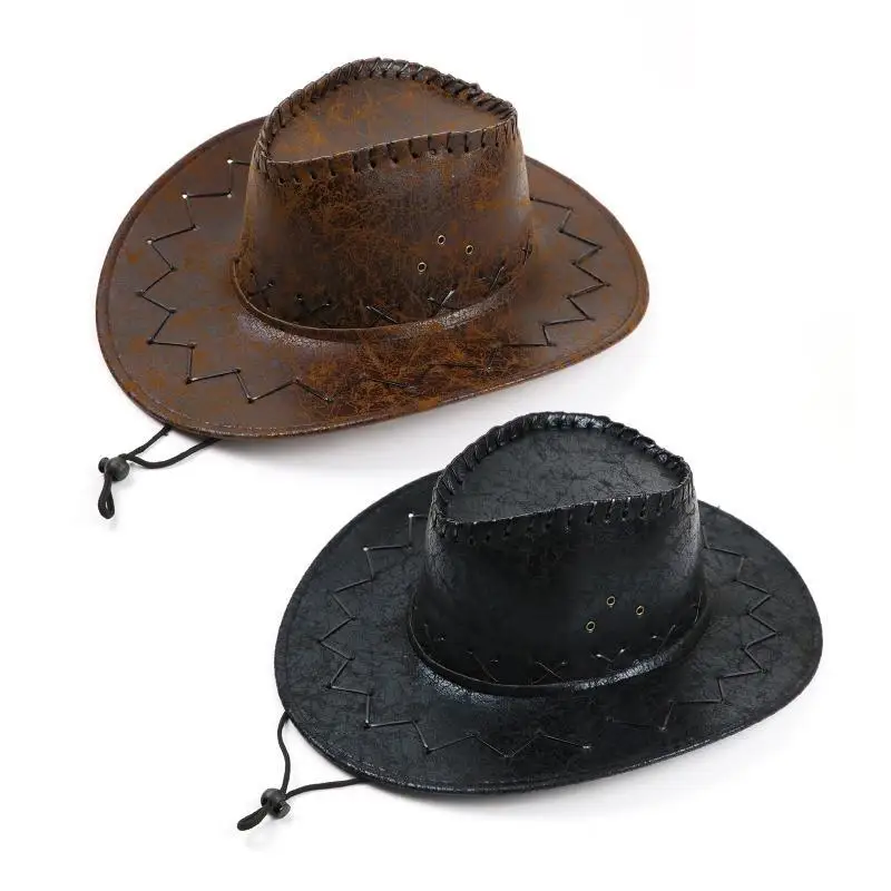 

39BB Unisex Western Cowboy Hat with Windproof Rope Wide Brim Hat Cowgirl Hat All-match for Outdoor Activities Travel