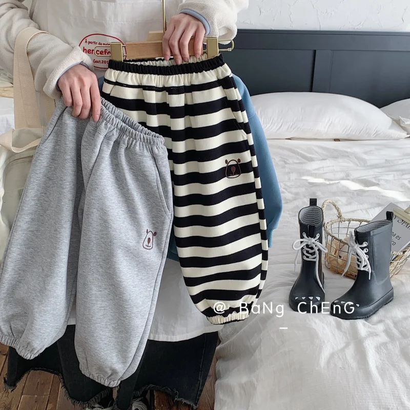 

Children's sweatpants2024Spring Children's Embroidered Striped Casual Pants Boys' Bear Solid Color Trousers G0042-WS