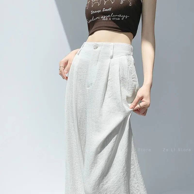 High Waist Linen Wide Leg Pants Casual Summer New Style Women's Sun Protection Ice Silk Floor-Length Trousers Fashionable