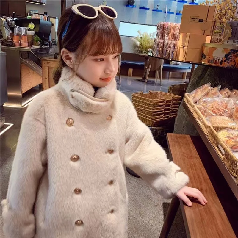 Imitation Mink Velvet Jackets Girls 2024 Autumn Winter New Loose White Casual Sweater Coat kids Jacket Girl Top