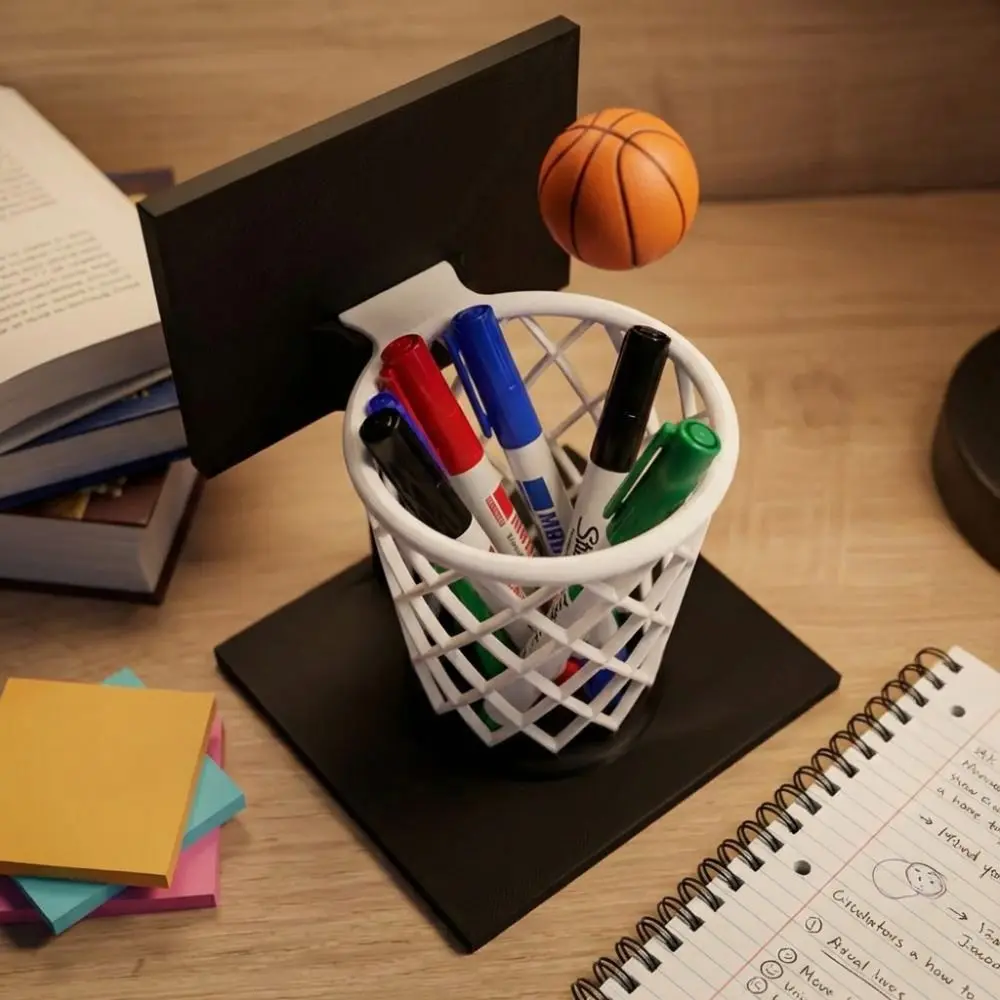 3D Printed Basketball Hoop Pen Holder Large Capacity Creative Stationery Storage Container White Mesh Space-Saving