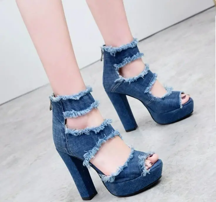 Sexy Frazzled Three Denim Straps Hollow Sandals Boots Woman Chunky Heels Black Blue Jeans Peep Toe Ankle Boots