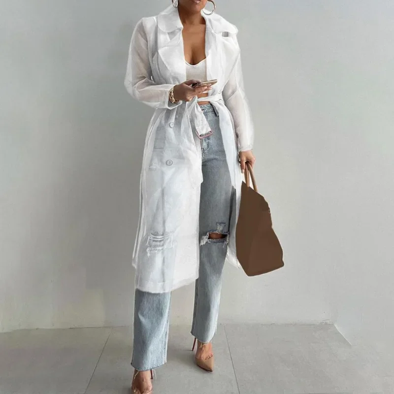 Elegant Shirts Trench Coat for Women Fashion See Through  Lace Up Spring Solid Sheer Mesh Long Sleeve Buttoned Coat with Belt