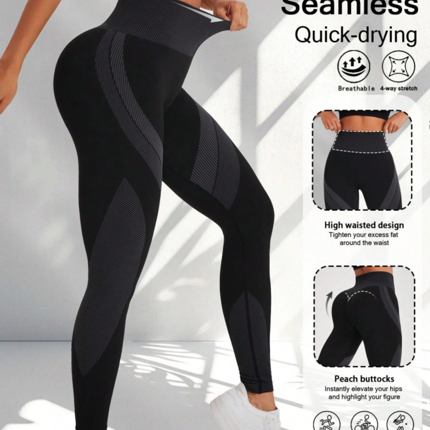 กางเกงโยคะผู้หญิงแบบไร้ตะเข็บ ลายทาง เอวสูง ยกสะโพก ผ้าถักแน่น สำหรับออกกำลังกาย ฟิตเนส โยคะ