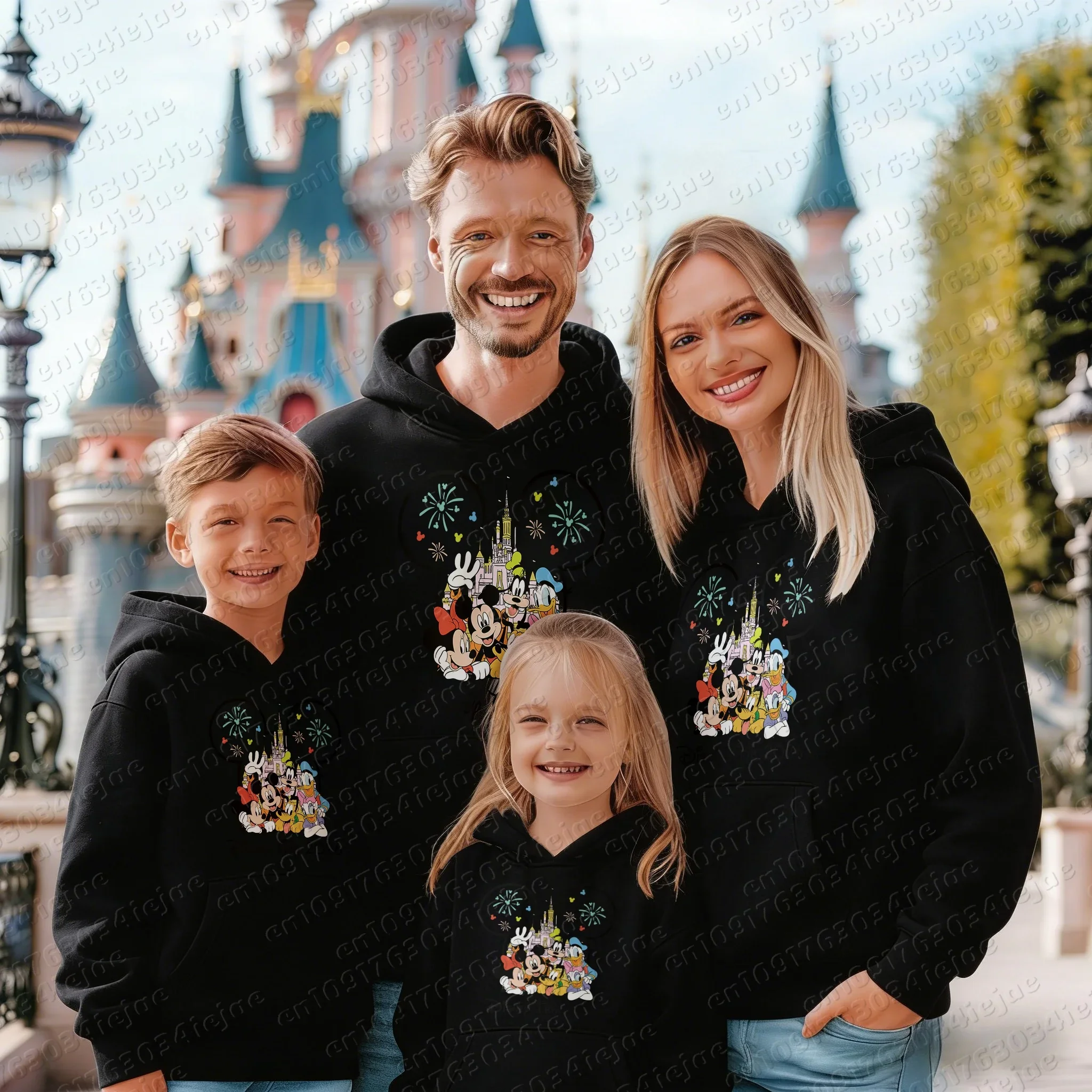 Ear Frame Castle Cartoon Family Hoodie, Firework Character Cluster Print Soft Fleece Pullover For Park Vacation Trips