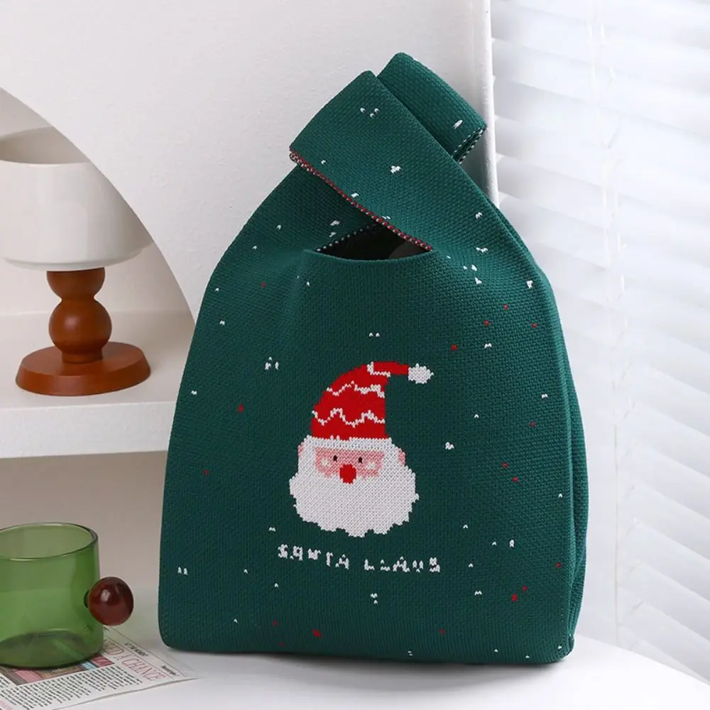 New Polyester Women Christmas Knit Bag Snowman Reusable Knot Wrist Bag Gift Bags Christmas Tree Handmade Knit Handbag