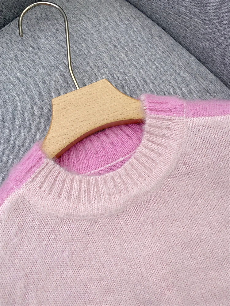 Round Neck Fluffy Knit Sweater, Fashionable Pink Contrasting Lazy Style Sweater, S Home 2024 Spring New Collection Y2k Clothes