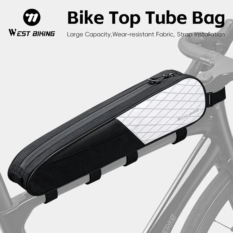 WEST BIKING Bicycle Top Tube Bag Bike Frame Pouch 2.7L Large Capacity Waterproof Zipper Reflective Logo Stable Mounting Straps