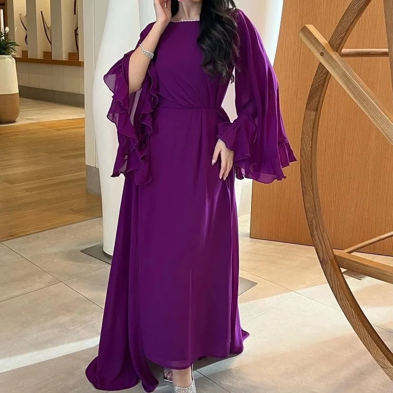 

Elegant Satin Crew-Neck Floor-Length Camisole Long-Sleeved Pleat Embellished Evening Dress Cocktail Dress Custom