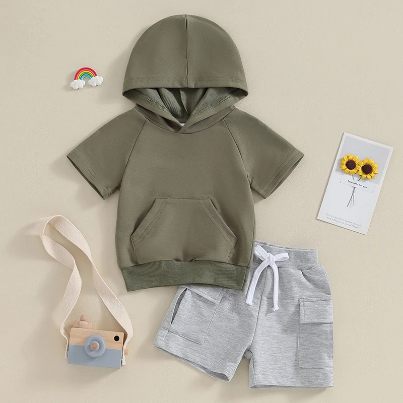 Newborn Baby Boy Summer Outfits Solid Color Hooded Short Sleeve T-Shirts Tops and Poackets Shorts 2PCS Clothes Set