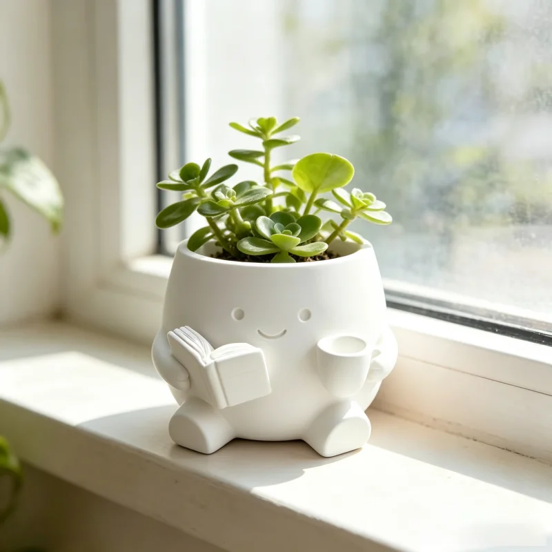 Cute Reading Character Mini Succulent Planter 3D Printed White Small Plant Pot Aesthetic Desktop Decor For Window Sill Bedroom