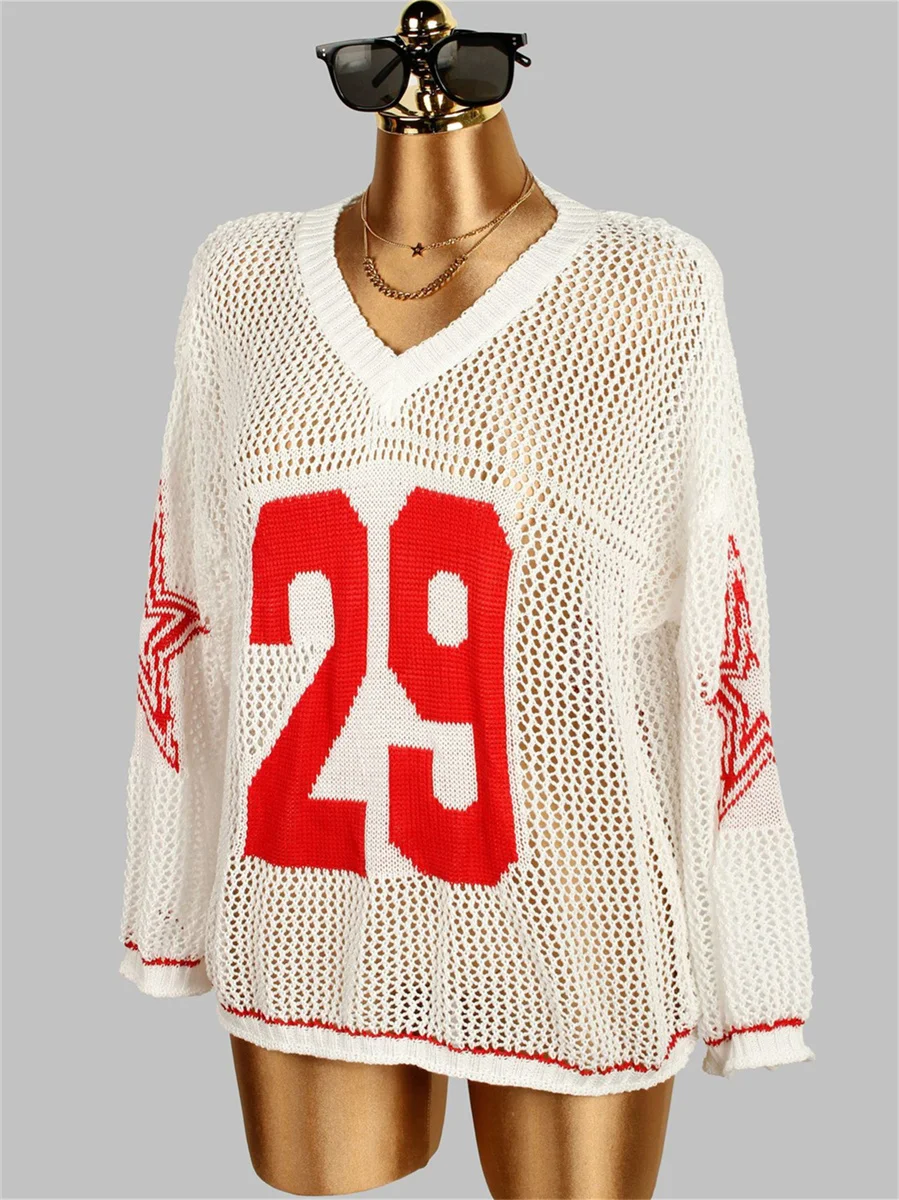 Kliou camiseta de crochê casual feminina, tendência de outono, estampa com decote em V, manga cheia, moda de rua, estilo esportivo, pulôver clássico