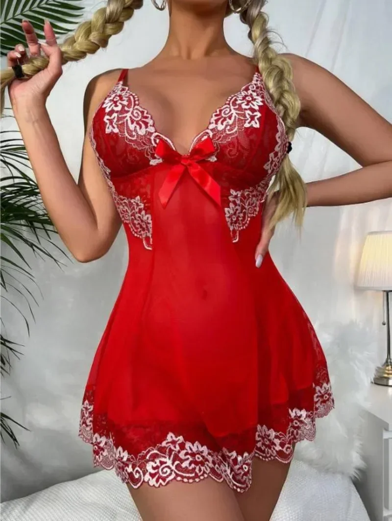 Top Mode sexy Spitze Hosenträger Schlaf kleid Mesh Perspektive Nacht kleid Damen Nachthemd Nachtwäsche rücken freie Dessous Nachthemd