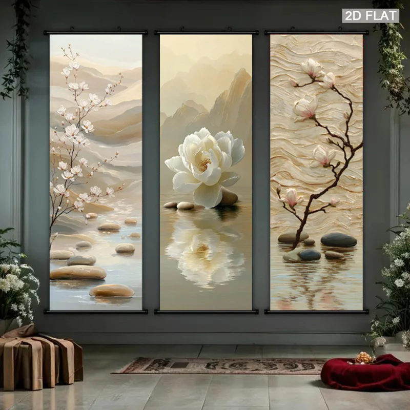 1pc Cherry Blossom & Mountain Landscape Scroll Painting Vertical Zen Wall Art Plastic Hanging HookCanvas Print for Home Decor