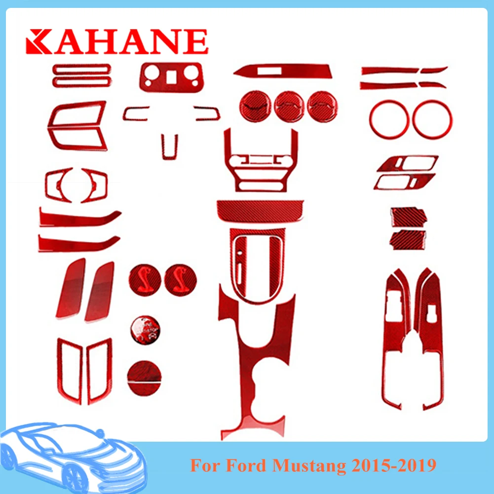 For Ford Mustang 2015 2016 2017 2018 2019 Car Interior Decorative Accessories Red Carbon Fiber Stickers Various Parts Cover Trim