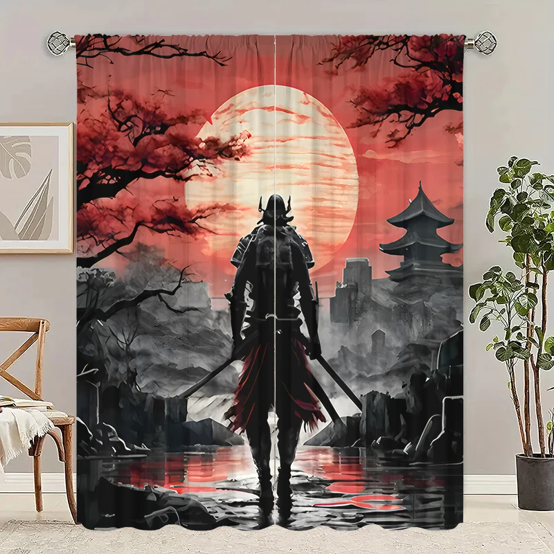 

Samurai Print curtains -100% polyester -2 sheets for bedroom curtains and living room decor + magnetic binding
