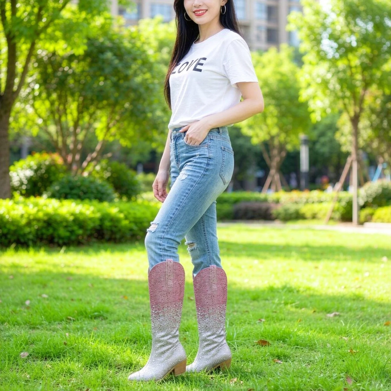 Water Diamond Gradient Fashion Knee Length Boots 2026 New Pointed Chelsea Boots Thick Heel Side Zipper Women's Boots Size 36-44