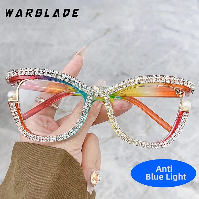 New Women Luxury Oversized Anti Blue Light Glasses Rhinestone Simulated Pearl Cat Eye Frame Eyepiece Computer Clear Lens Glasses