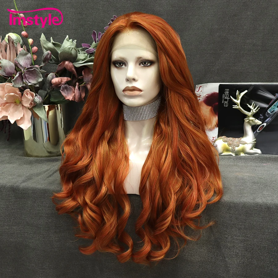 Imstyle Ginger Wig Synthetic Lace Front Wig Orange Mixed Color Long Wavy Wig Heat Resistant Fiber Cosplay Wigs For Women