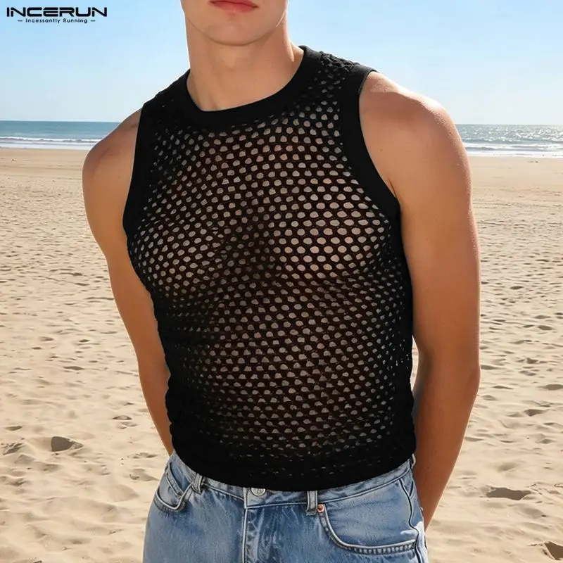 INCERUN Men's Tank Tops Hollow Out Mesh O-neck Sleeveless Male Vests Summer See Through 2026 Streetwear Fashion Sexy Men Clothes