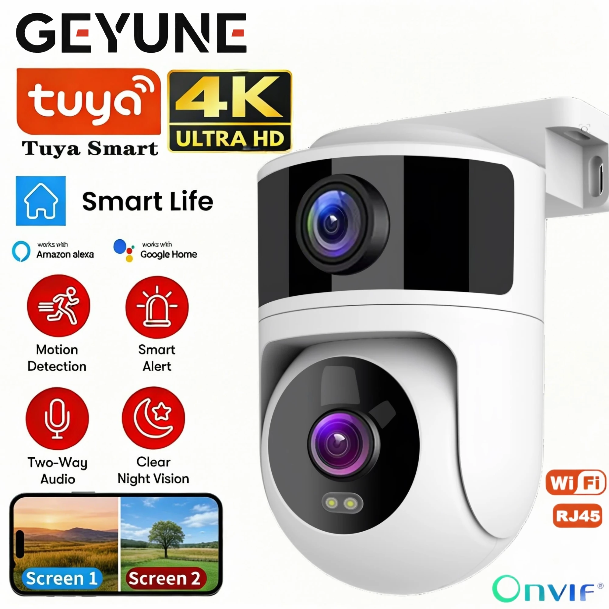 

Уличная Wi-Fi IP-камера Tuya 4K с поддержкой Alexa, Google, Onvif, NVR, двойным объективом, PTZ, 8 МП, двойным экраном, автослежением и ночным видением
