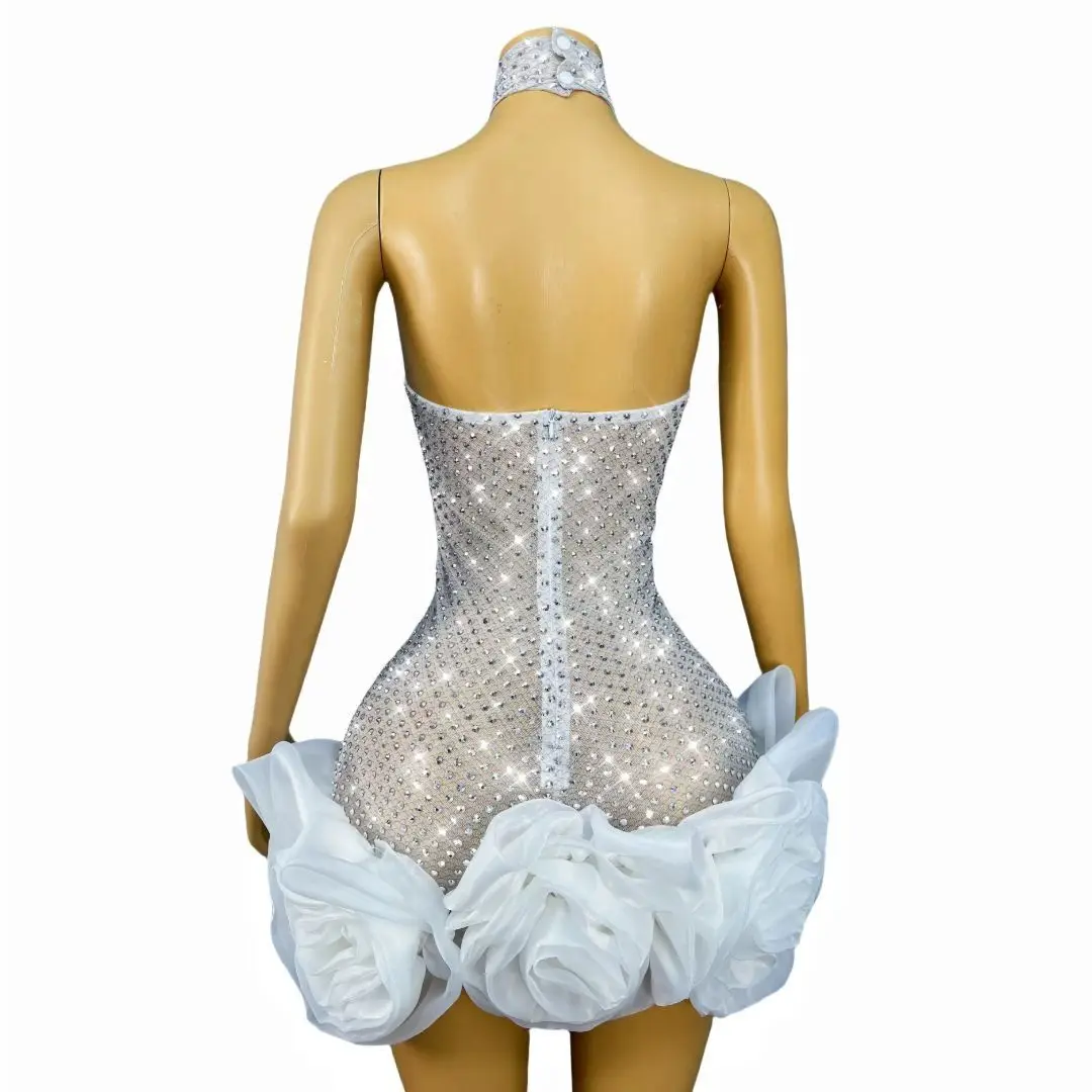 Wanghua-vestido de noche elegante para mujer, falda con brotes de flores en 3D con diamantes de imitación, traje de actuación de barra hueca Sexy, vestido de fiesta de boda