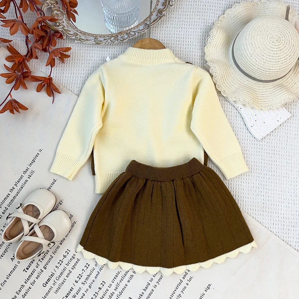 Kinder Mädchen 2-teiliger Strickanzug Langarm-Oberteil mit Schleifendekoration, zweiteiliger Pullover-Rock, süßes Prinzessinnen-Outfit für Kleinkinder 2-6 Jahre – Detail 10