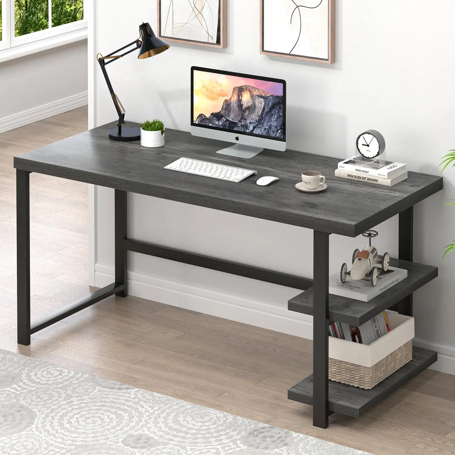 

Industrial Computer Desk with Storage Shelves Wood Study Writing Table for Bedroom Living Room 53 Inch, Customized
