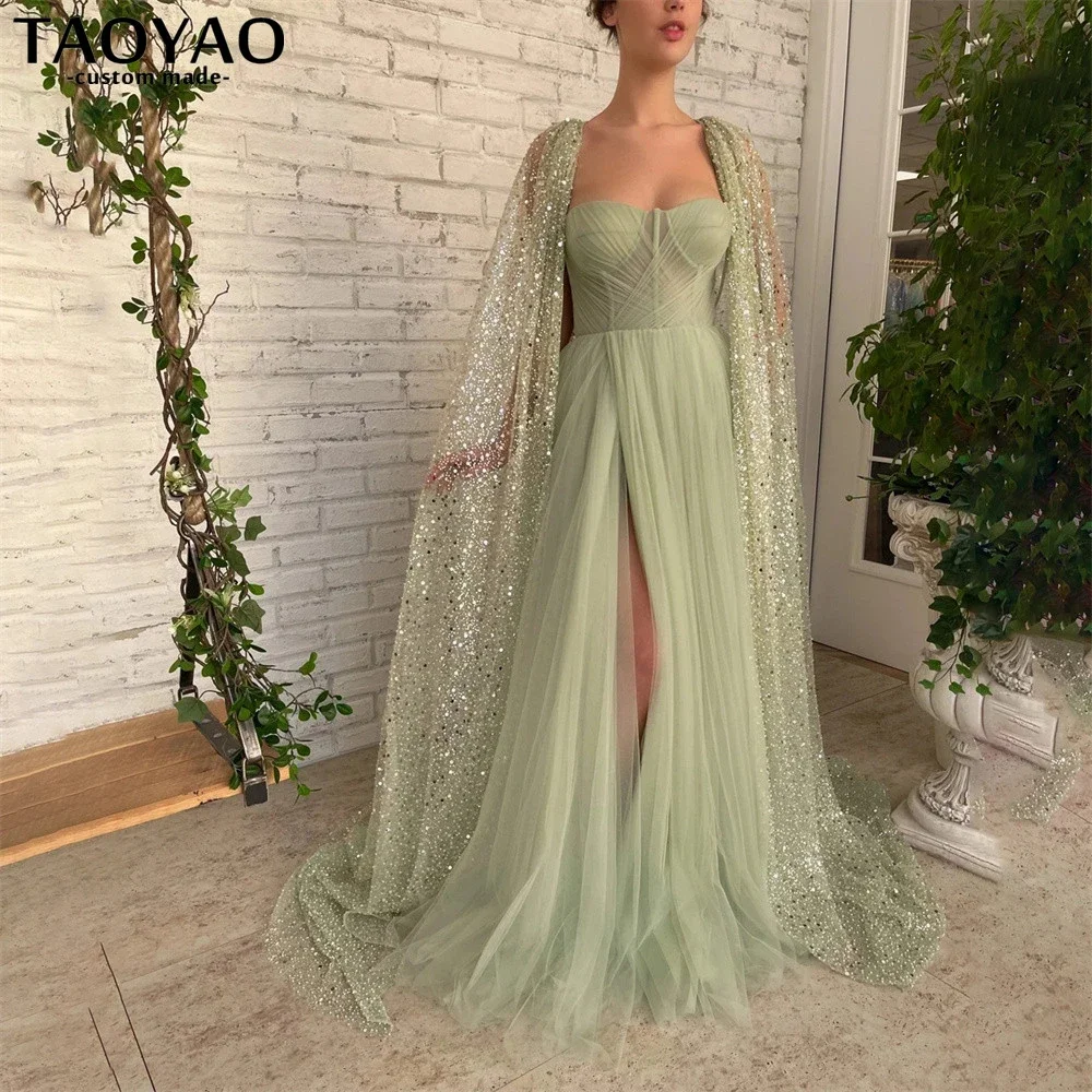 

New Gorgeous Sheer A-line Sweetheart with Sparkling Sequins Evening Dresses High Waist Split Women's Destidos De Draduación