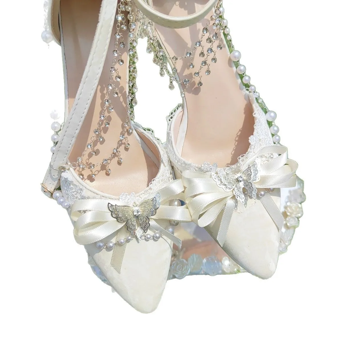 โลลิต้าดอกไม้งานแต่งงานGorgeousผู้หญิงรองเท้าส้นสูงHand-Madeเงารองเท้าPointed Toeครีม-สีขาวใหม่