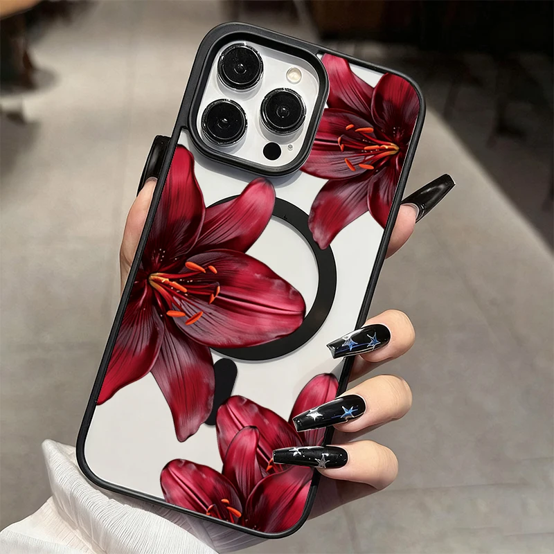 Burgunderrote Lilienblüten-Magnet-Schutzhülle für iPhone 11 12 13 14 Pro 15 16 17 Pro Max 16 Plus Air 17E 16E Stoßfeste Hülle – Detail 3